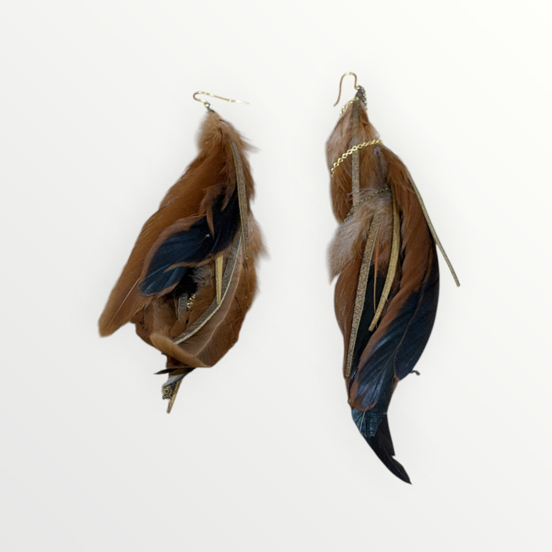 Long Bohemian Feather Earrings with Metallic Leather and a Delicate Gold Chain