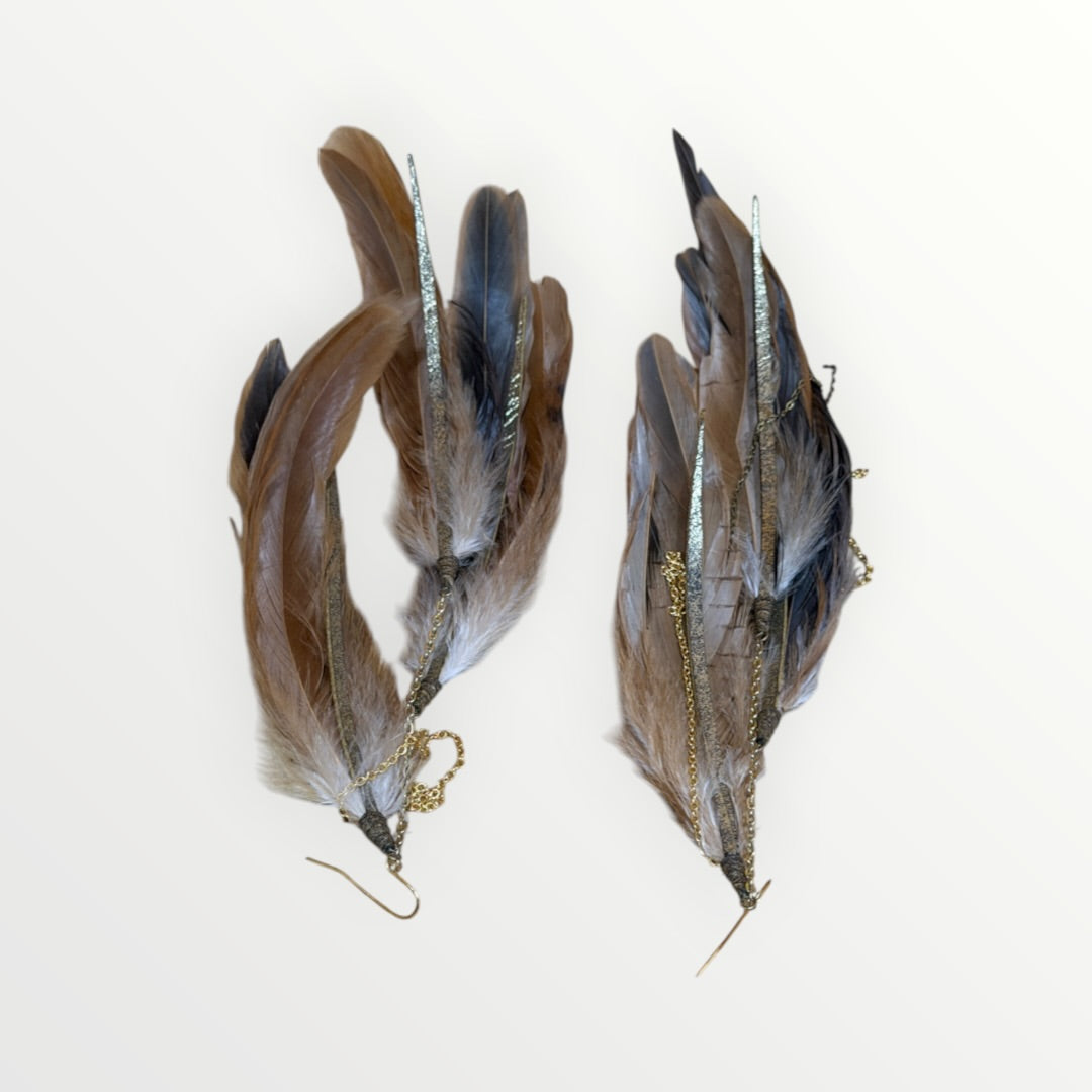 Long Bohemian Feather Earrings with Metallic Leather and a Delicate Gold Chain
