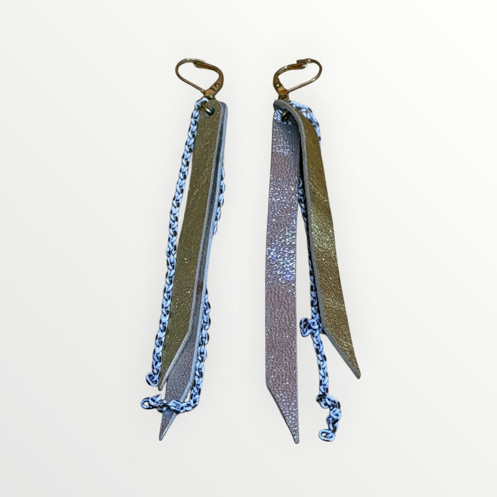 Long Layered Gold & Silver Leather and Chain Dangle Earrings