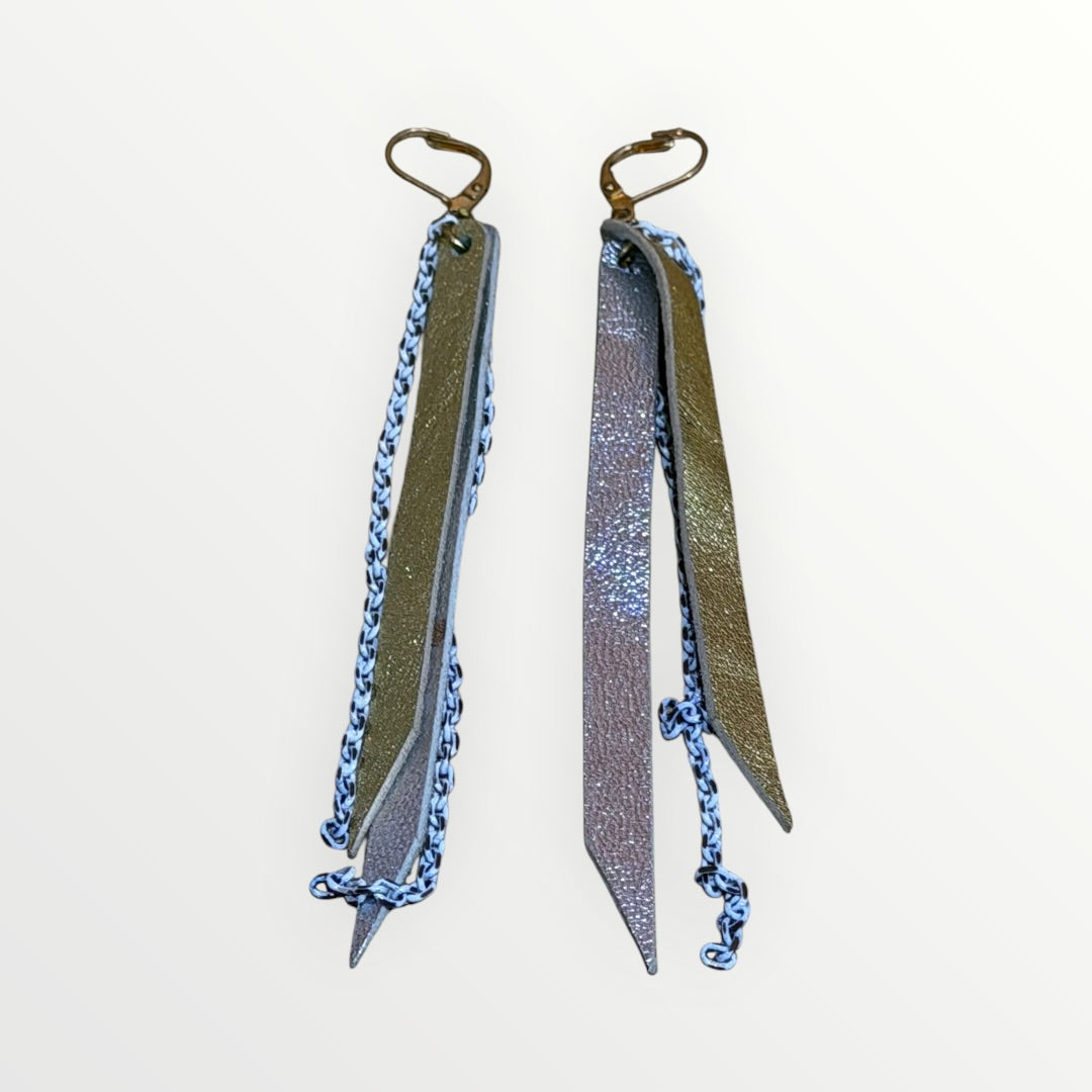 Long Layered Gold & Silver Leather and Chain Dangle Earrings