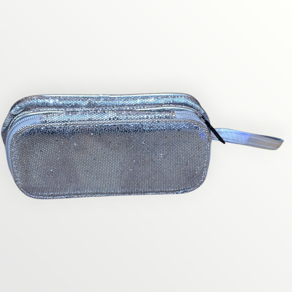 Multi-compartment Silver Glittery Cosmetic or Pencil Pouch with Built-in Mirror and Elastic Brush/Pen Loops 6" x 3" x 2.5"