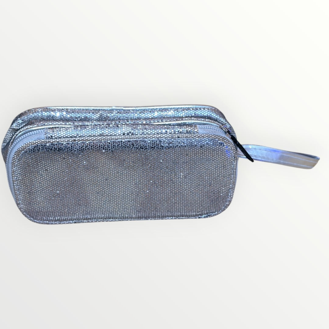 Multi-compartment Silver Glittery Cosmetic or Pencil Pouch with Built-in Mirror and Elastic Brush/Pen Loops 6" x 3" x 2.5"