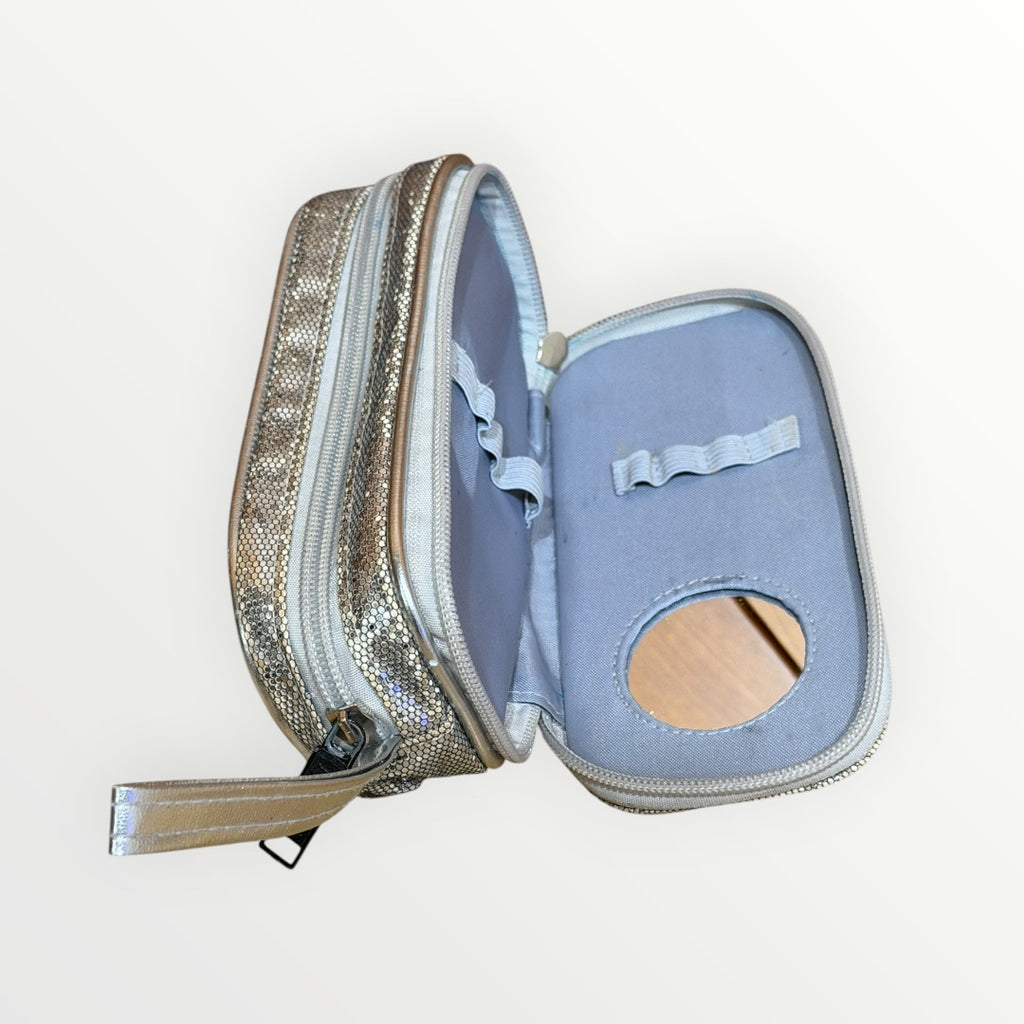Multi-compartment Silver Glittery Cosmetic or Pencil Pouch with Built-in Mirror and Elastic Brush/Pen Loops 6" x 3" x 2.5"