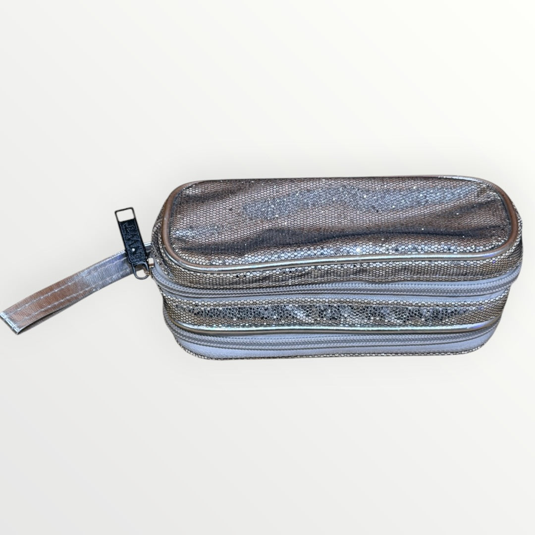Multi-compartment Silver Glittery Cosmetic or Pencil Pouch with Built-in Mirror and Elastic Brush/Pen Loops 6" x 3" x 2.5"
