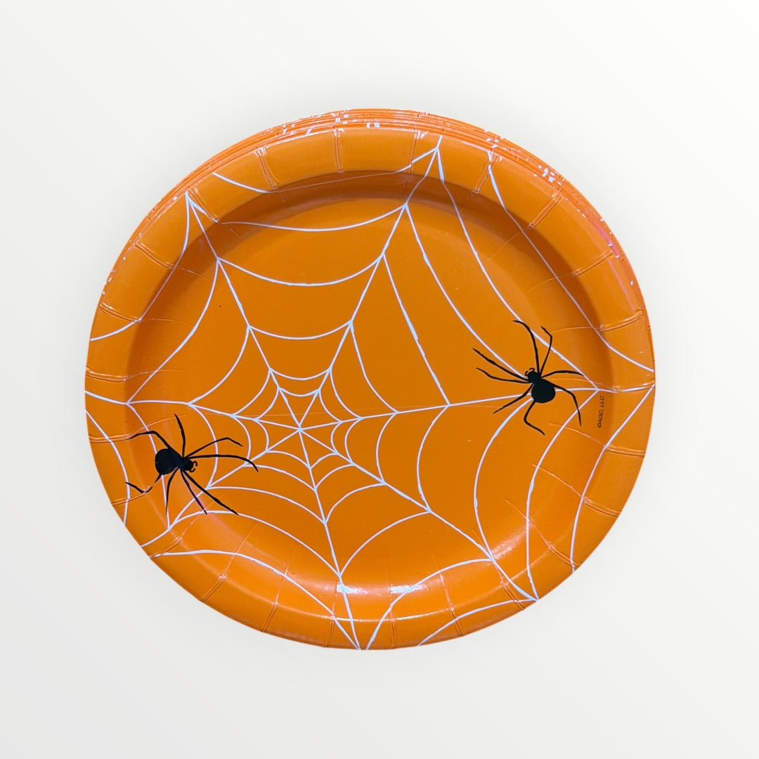 12-Count Orange Halloween Spider Web Paper Plates 7'D