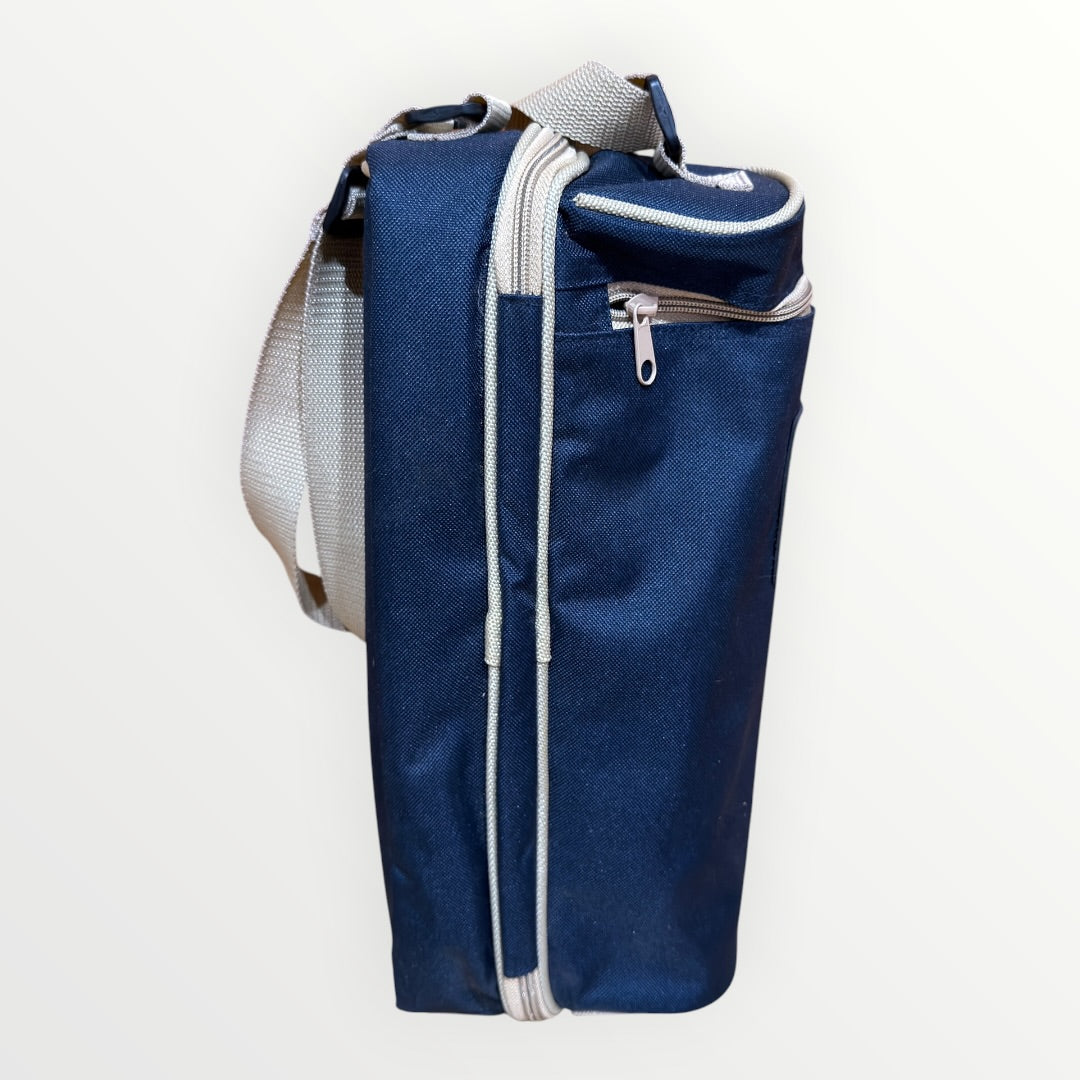 Deluxe Navy Blue Insulated 2-Person Wine and Picnic Carrier Bag with Adjustable Shoulder Strap 15"H