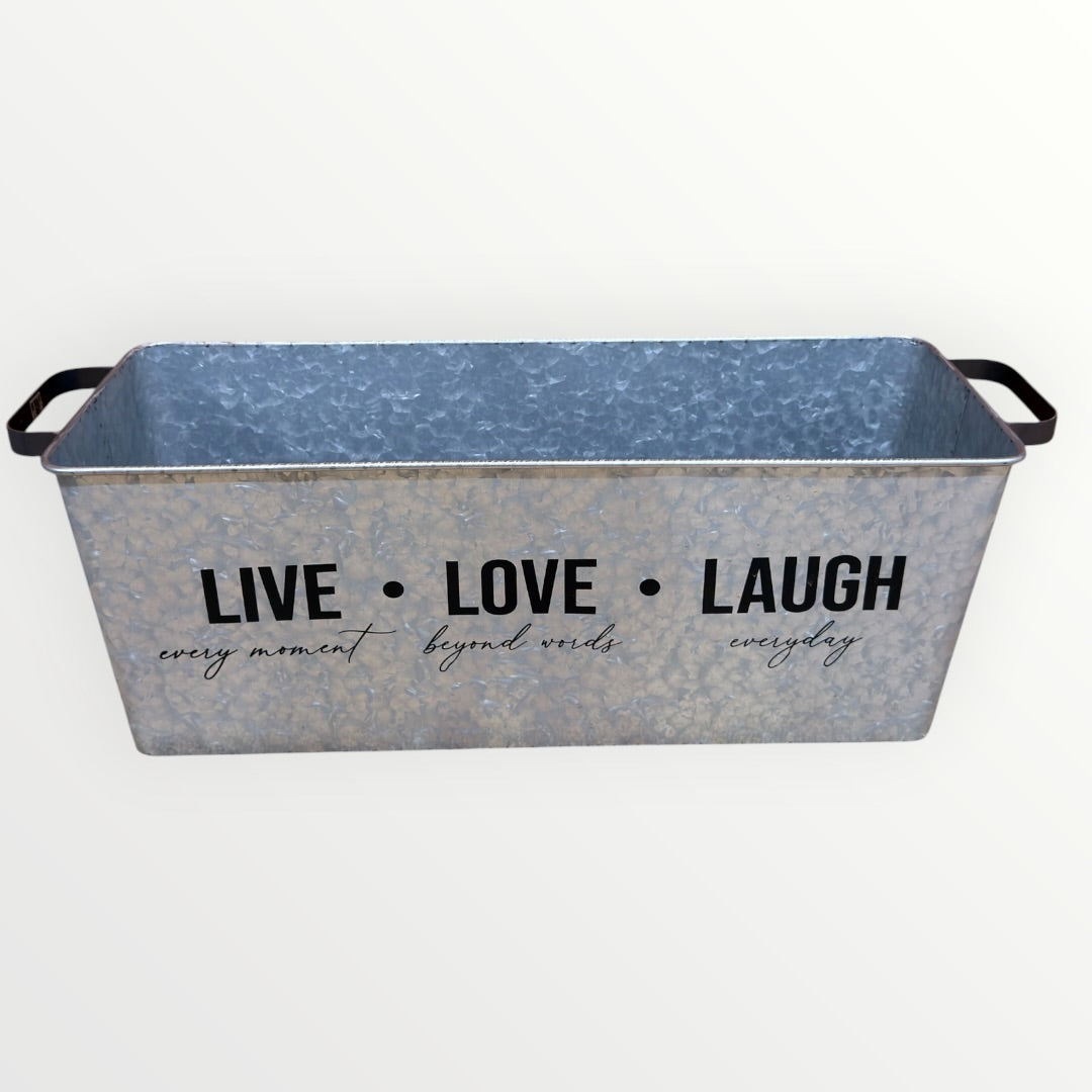 Large Rustic Galvanized Metal Storage Bin "LIVE • LOVE • LAUGH" with Black Side Handles 24"L x 8.5"W x 9"H