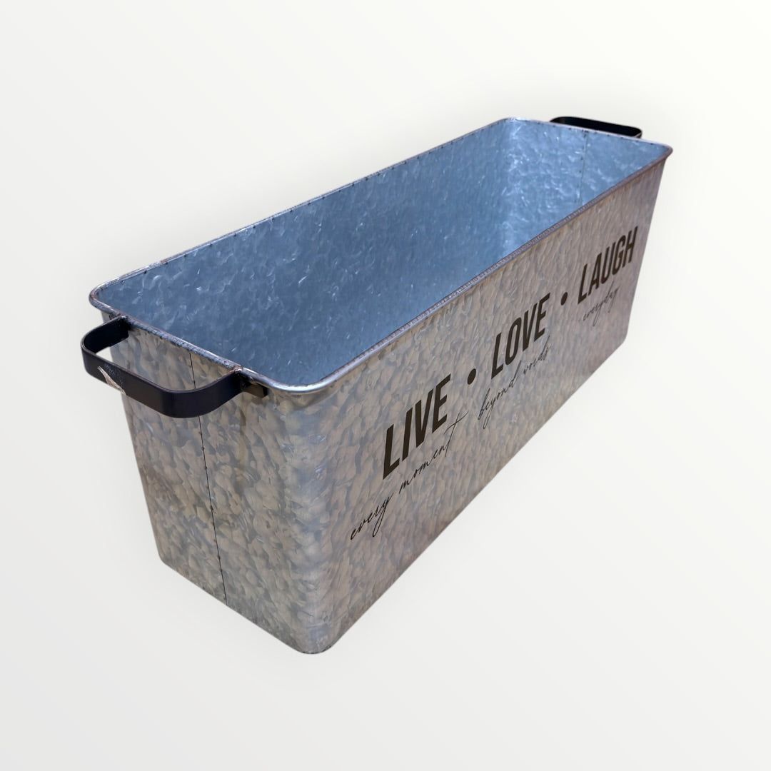 Large Rustic Galvanized Metal Storage Bin "LIVE • LOVE • LAUGH" with Black Side Handles 24"L x 8.5"W x 9"H