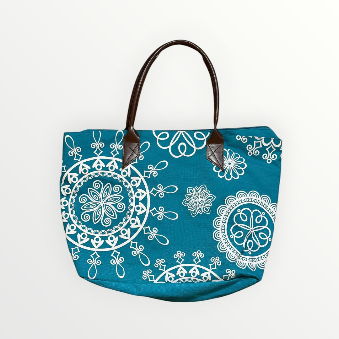 Teal Blue Cotton Canvas Mandala Tote Bag with Zipper