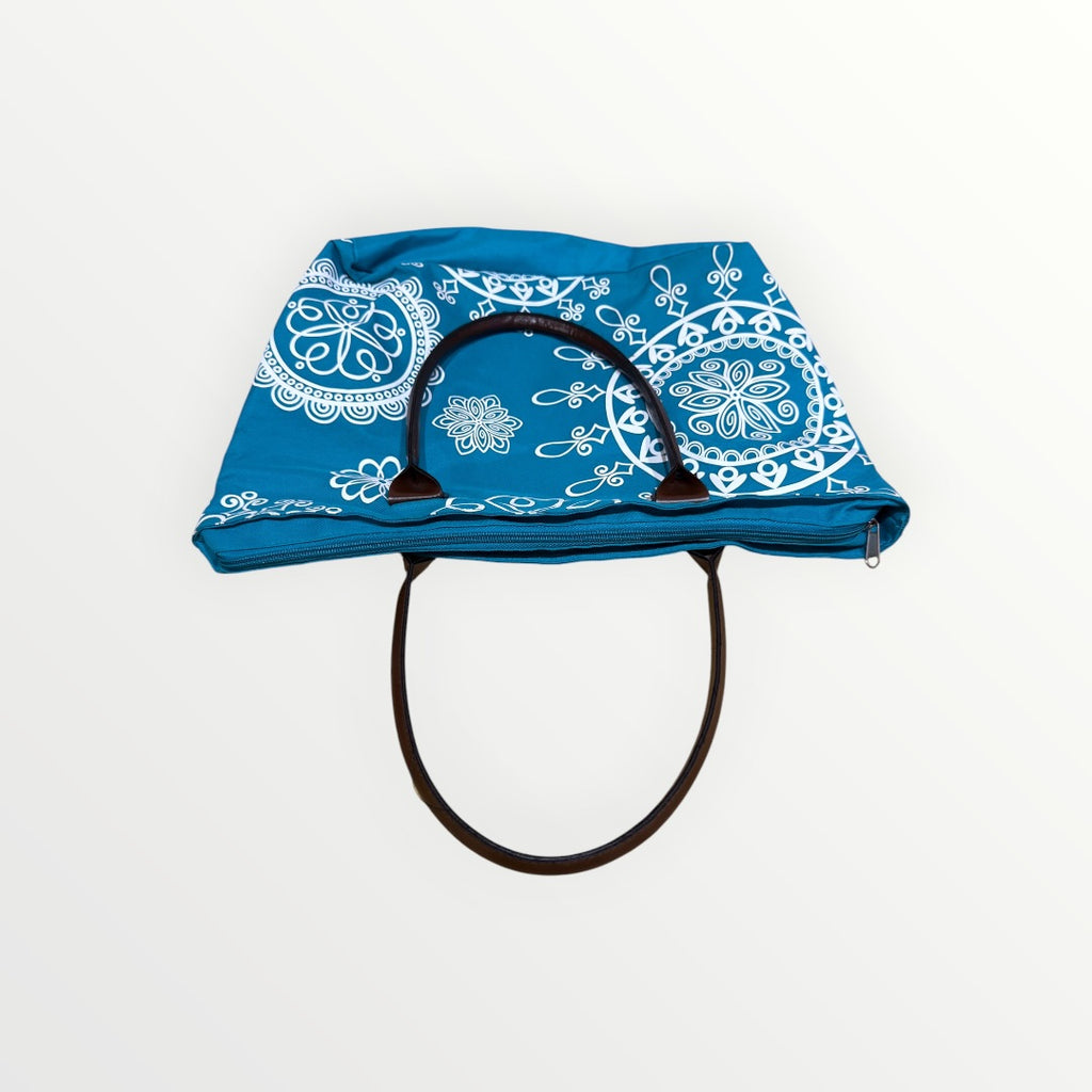 Teal Blue Cotton Canvas Mandala Tote Bag with Zipper