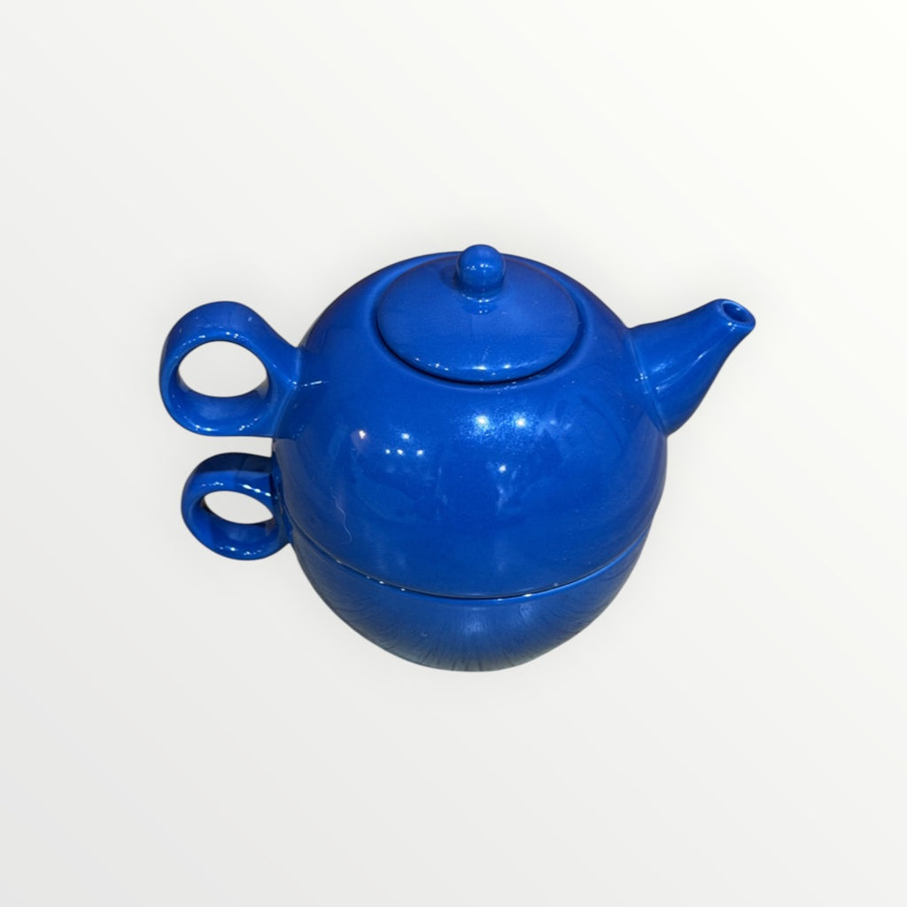Royal Blue Ceramic "Tea for One" Stackable Teapot and Cup Set 5"D x 4.5"H