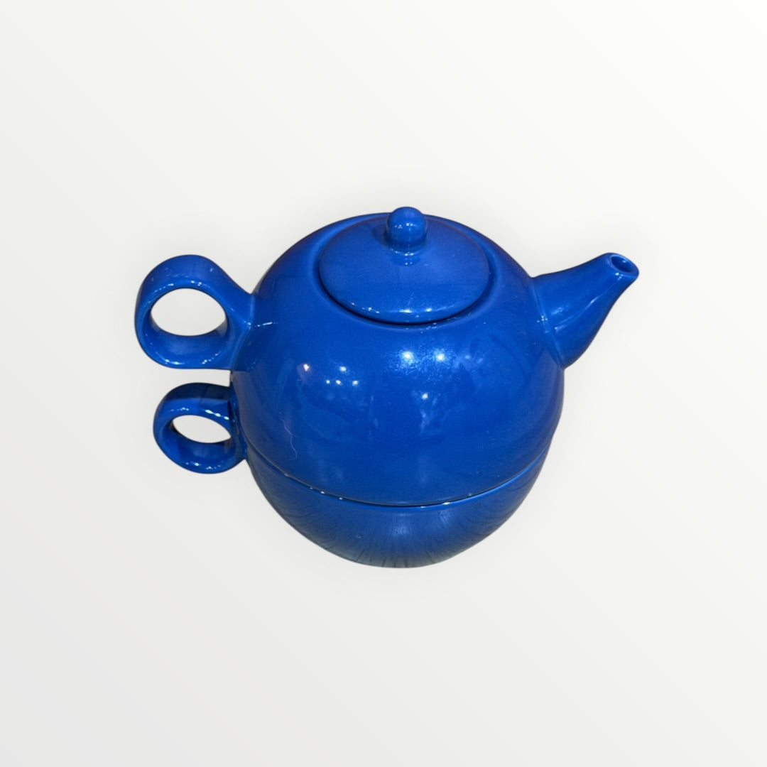 Royal Blue Ceramic "Tea for One" Stackable Teapot and Cup Set 5"D x 4.5"H