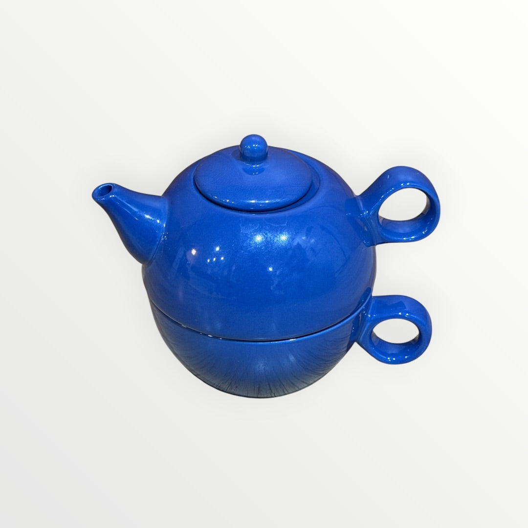 Royal Blue Ceramic "Tea for One" Stackable Teapot and Cup Set 5"D x 4.5"H