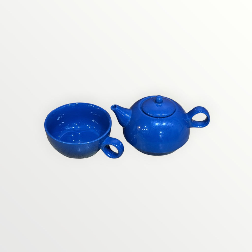 Royal Blue Ceramic "Tea for One" Stackable Teapot and Cup Set 5"D x 4.5"H