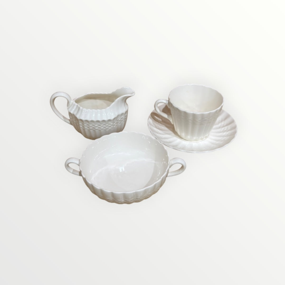 Set of 4 Vintage Chelsea Wicker Copeland SPODE White Porcelain Cup, Saucer, Creamer & Soup Bowl