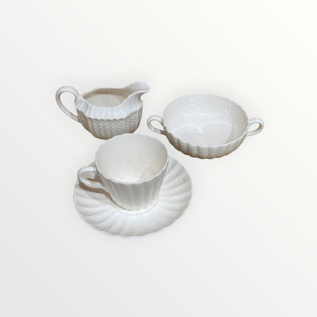 Set of 4 Vintage Chelsea Wicker Copeland SPODE White Porcelain Cup, Saucer, Creamer & Soup Bowl