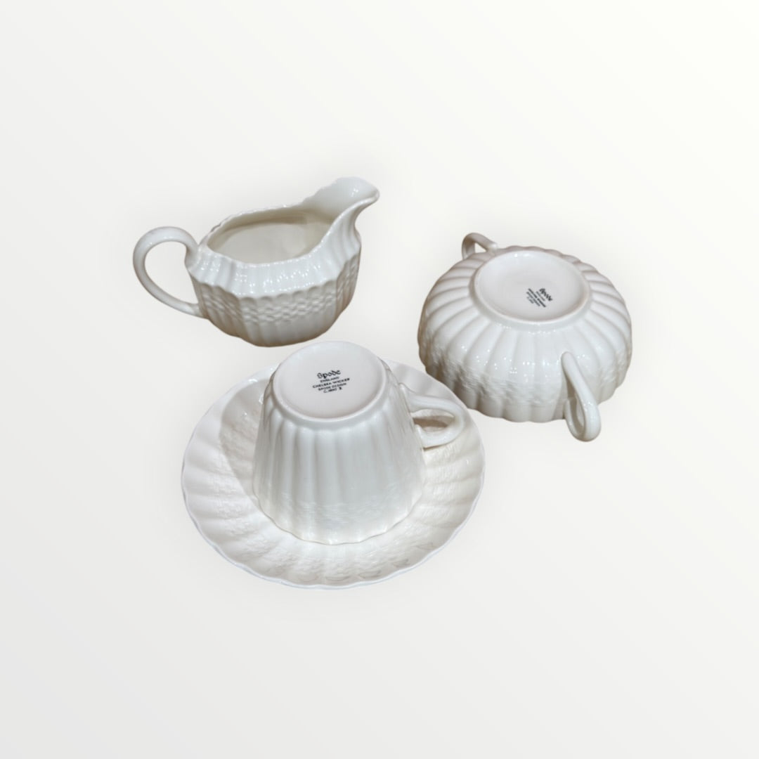 Set of 4 Vintage Chelsea Wicker Copeland SPODE White Porcelain Cup, Saucer, Creamer & Soup Bowl