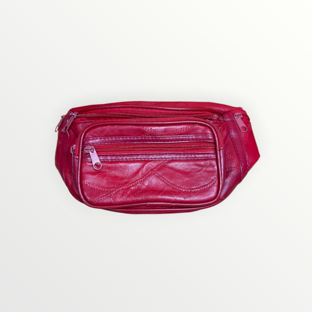 Multi-Pocket Red Genuine Leather Fanny Pack
