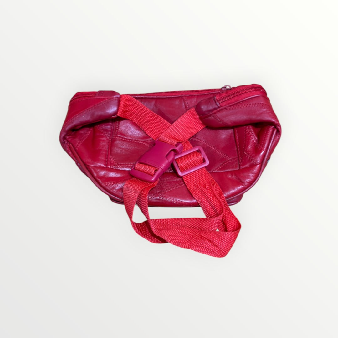 Multi-Pocket Red Genuine Leather Fanny Pack