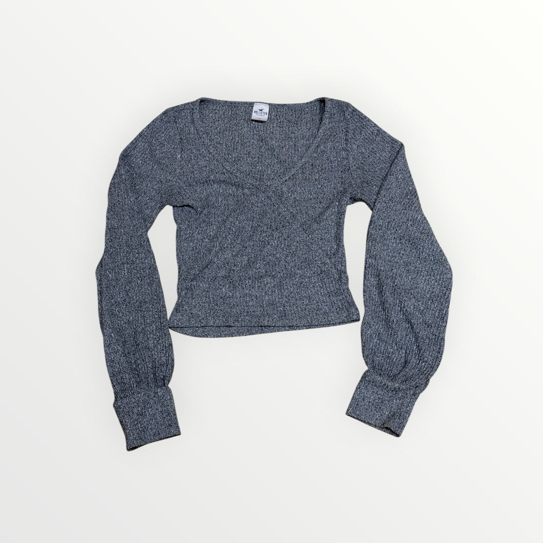 Hollister Women's Ribbed V-Neck Long-Sleeve Crop Top Gray Size:S