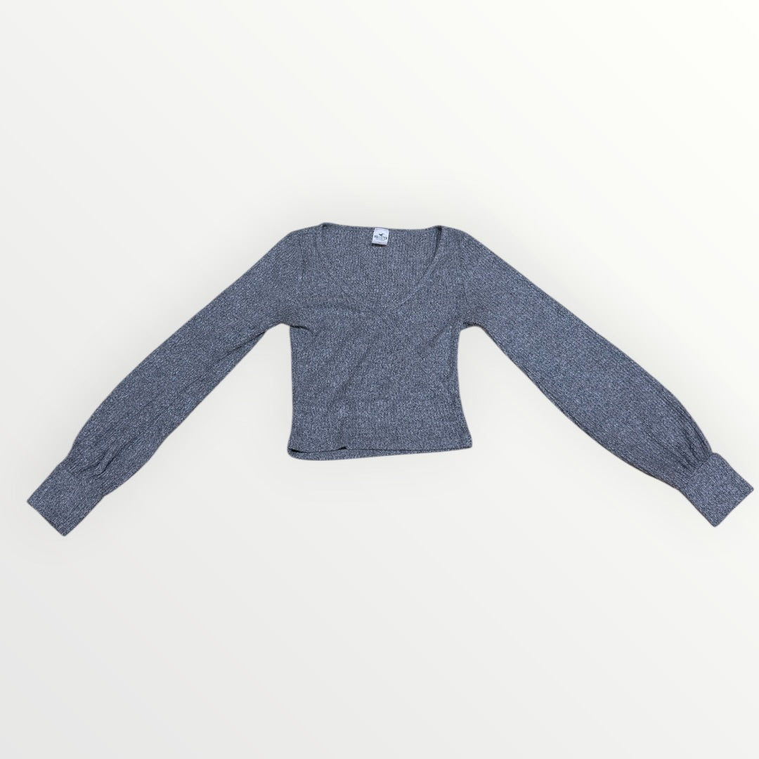 Hollister Women's Ribbed V-Neck Long-Sleeve Crop Top Gray Size:S