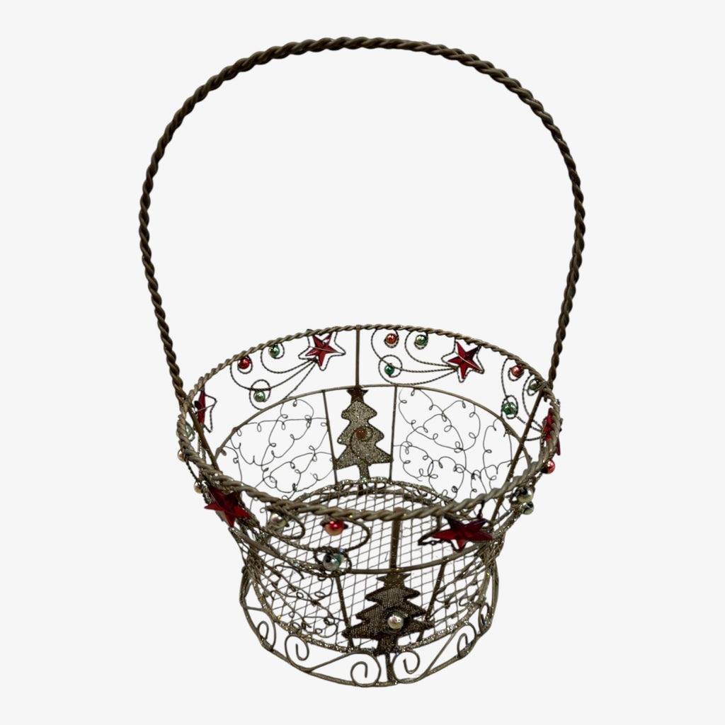 Wire Metal Christmas Basket w/Holiday Tree & Glitter 11" H