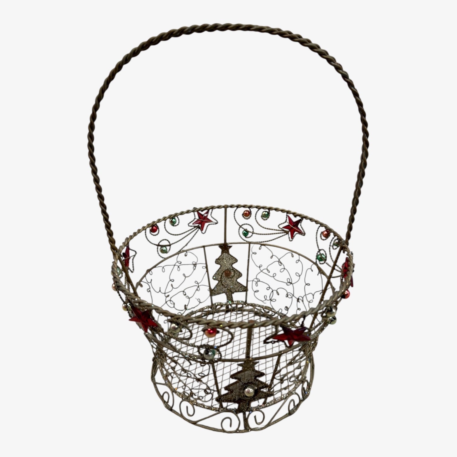 Wire Metal Christmas Basket w/Holiday Tree & Glitter 11" H