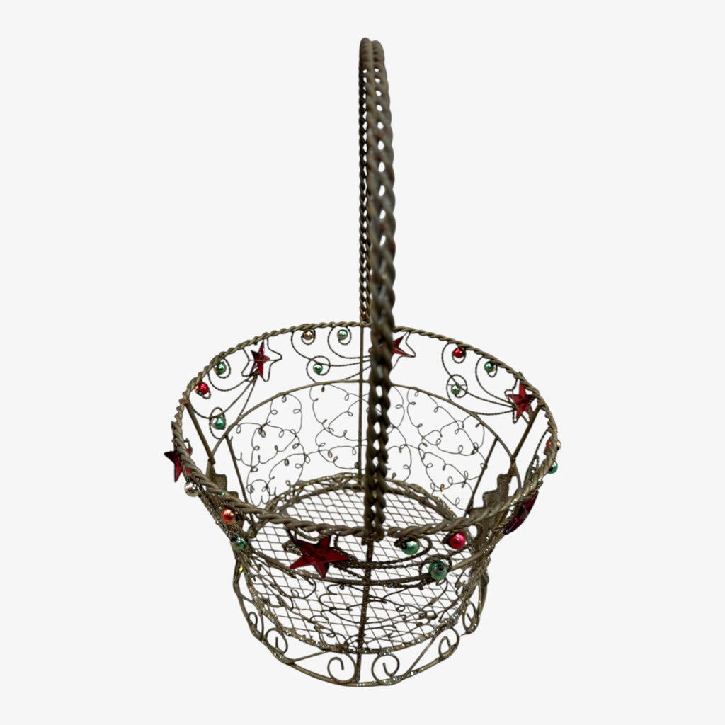 Wire Metal Christmas Basket w/Holiday Tree & Glitter 11" H