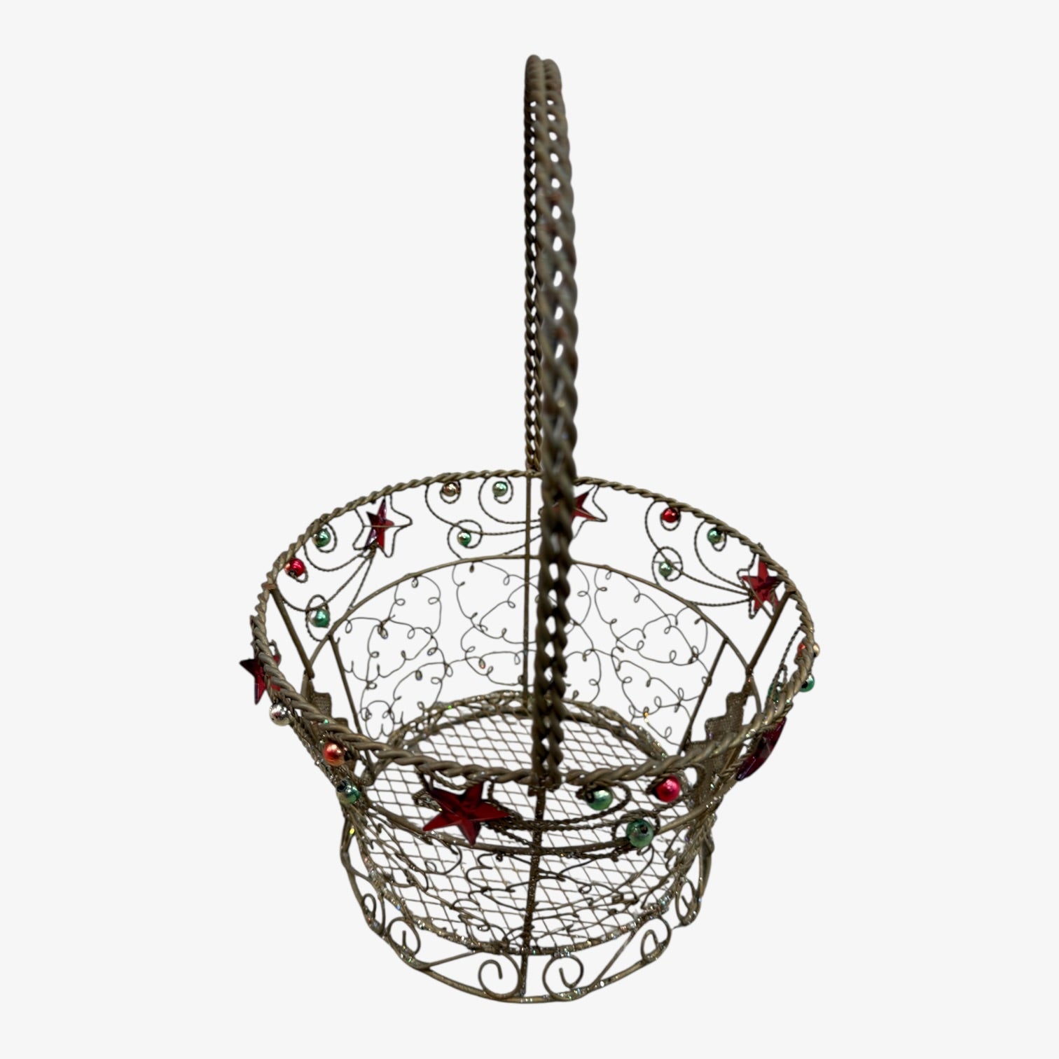 Wire Metal Christmas Basket w/Holiday Tree & Glitter 11" H