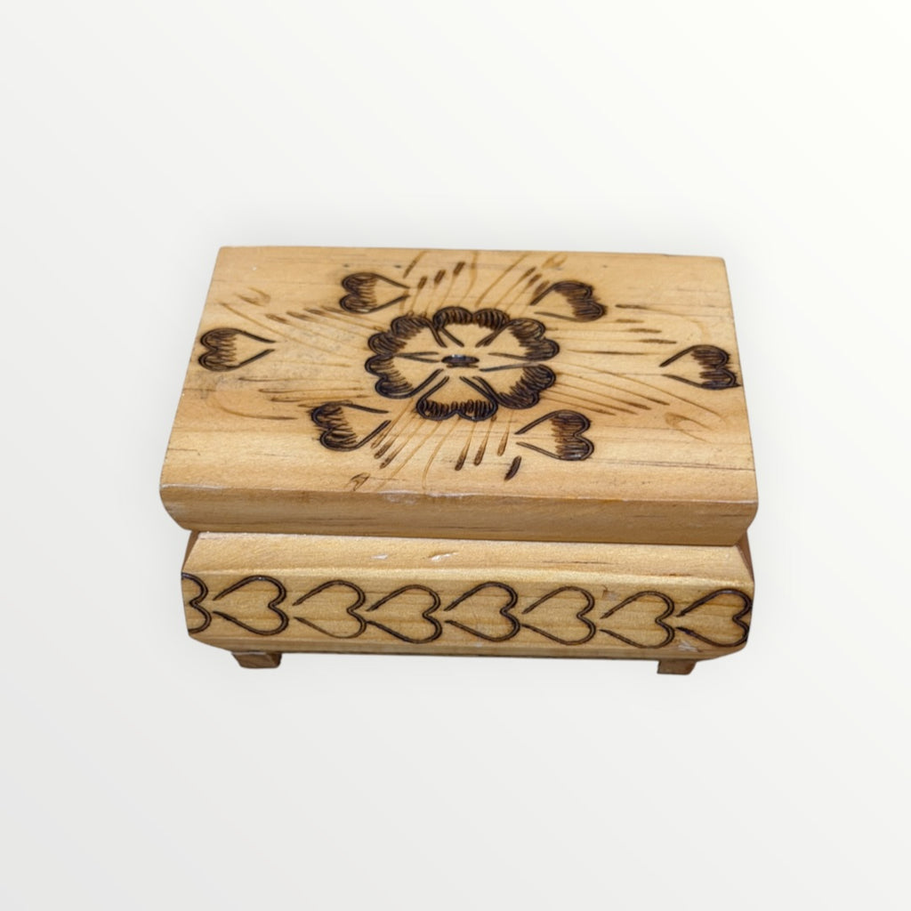 Small Vintage Handmade Wood-Burned Flower Hearts Jewelry Trinket Box 3.75" x 2" x 2.5"
