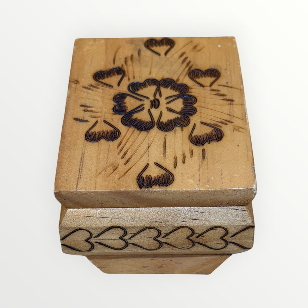 Small Vintage Handmade Wood-Burned Flower Hearts Jewelry Trinket Box 3.75" x 2" x 2.5"