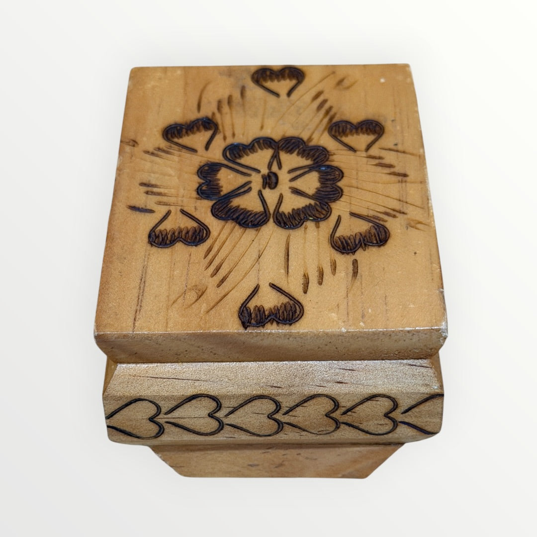 Small Vintage Handmade Wood-Burned Flower Hearts Jewelry Trinket Box 3.75" x 2" x 2.5"