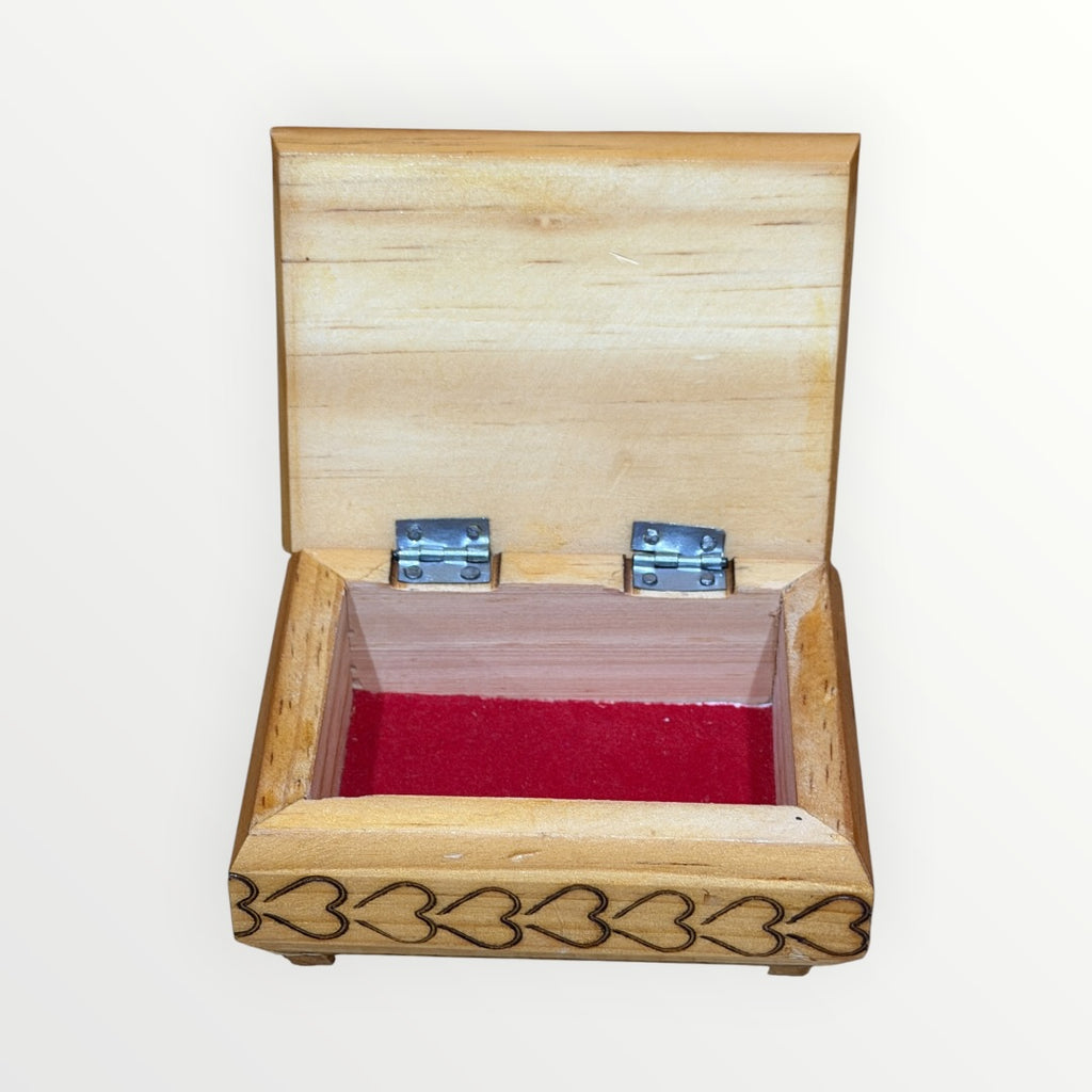 Small Vintage Handmade Wood-Burned Flower Hearts Jewelry Trinket Box 3.75" x 2" x 2.5"