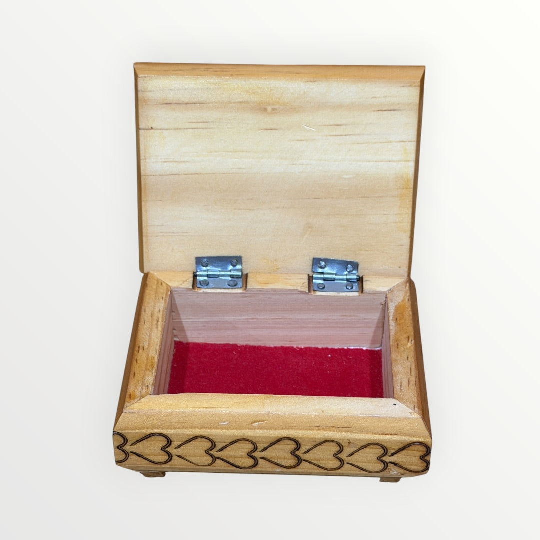 Small Vintage Handmade Wood-Burned Flower Hearts Jewelry Trinket Box 3.75" x 2" x 2.5"