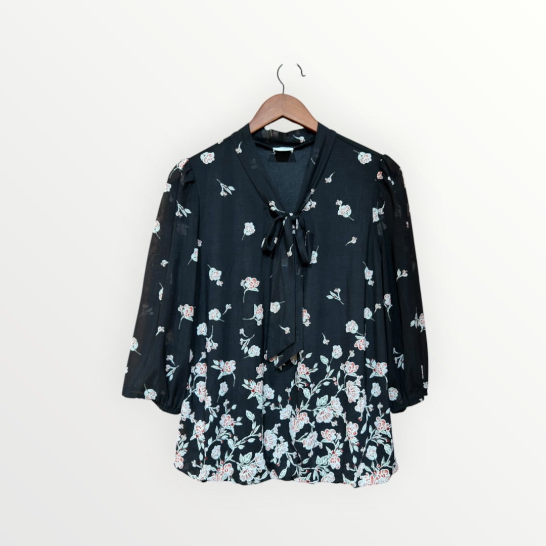 Siren Lily Sheer Floral Chiffon Tie Neck Blouse Balloon Sleeve Black, Size: PL