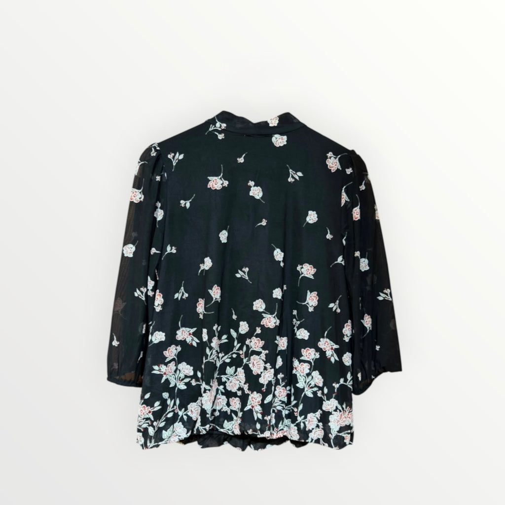 Siren Lily Sheer Floral Chiffon Tie Neck Blouse Balloon Sleeve Black, Size: PL
