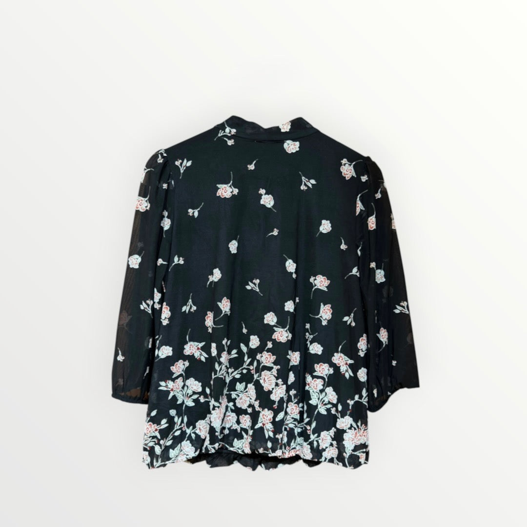 Siren Lily Sheer Floral Chiffon Tie Neck Blouse Balloon Sleeve Black, Size: PL