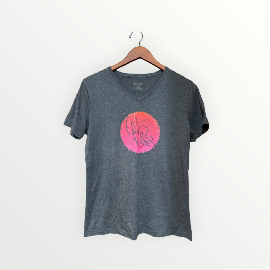 ASICS Women's "Love To Run" V-neck Graphic T-Shirt Steel-heather Gray, Size: L