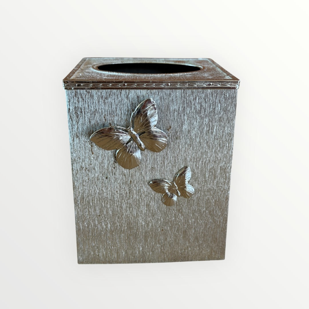 Vintage Silver Tone Metal Butterfly Tissue Box Cover
