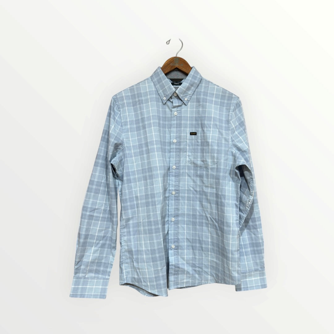 Lee Men's Regular Fit Light Blue Plaid Long Sleeve Button-Up Shirt Size: S