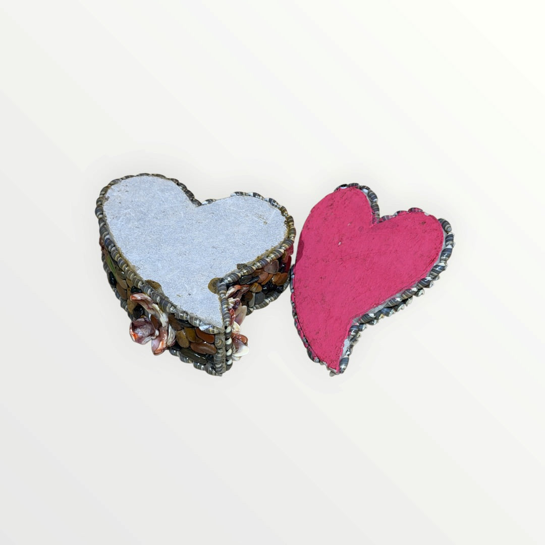 Vintage Hand Crafted Seashell Heart Jewelry Box with Pink Lining 4"L x 2"H
