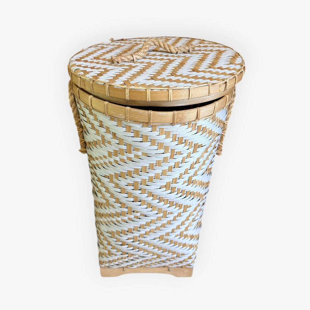 Handwoven Bamboo and Rattan Laundry Basket with Zigzag Pattern 24"H