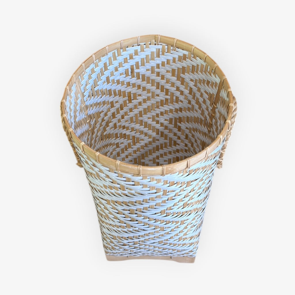 Handwoven Bamboo and Rattan Laundry Basket with Zigzag Pattern 24"H
