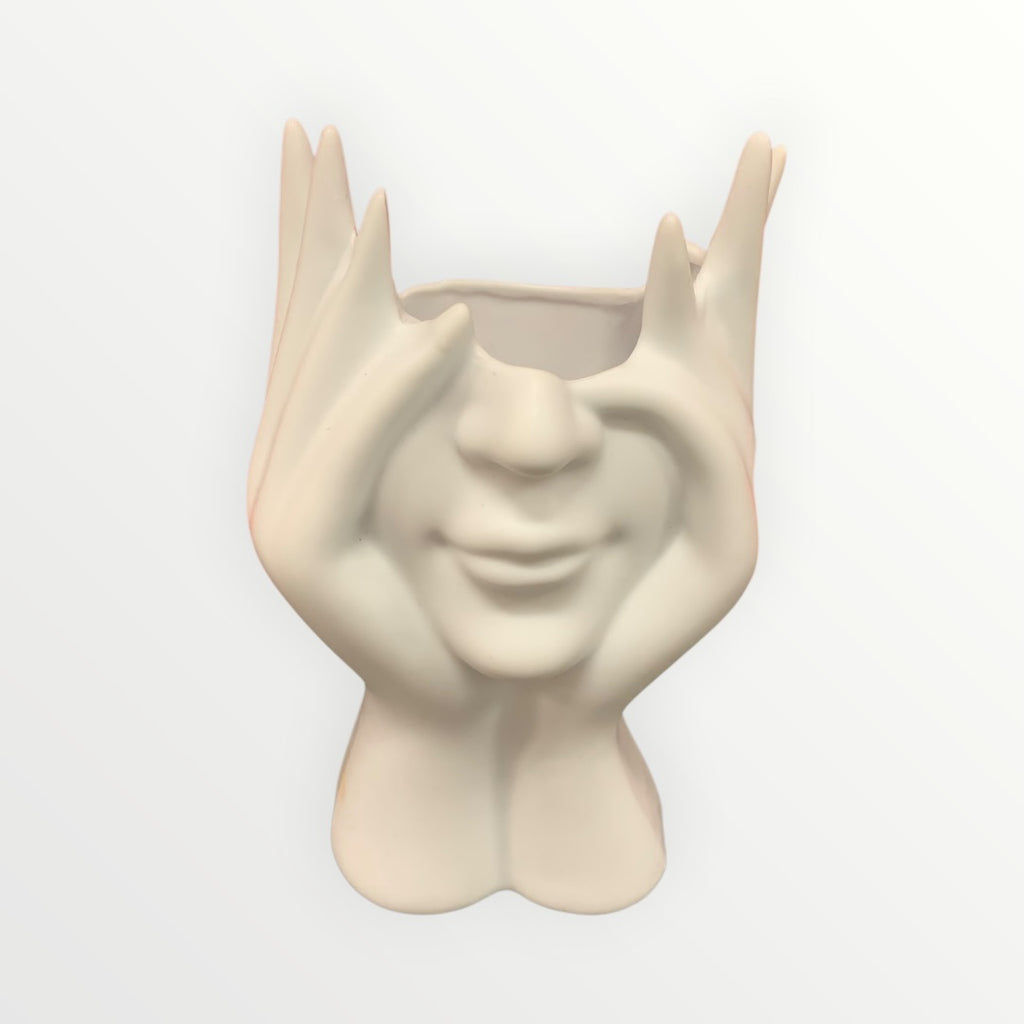 Plastic Hands Over Face Flower Pot 7" - Donors & Volunteers Only