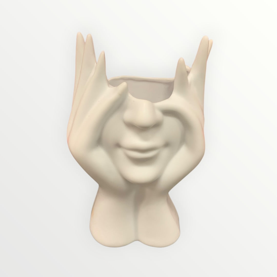 Plastic Hands Over Face Flower Pot 7" - Donors & Volunteers Only