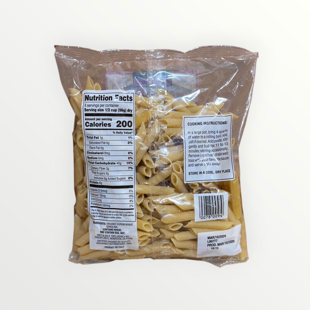 Trader Joe's Imported Italian Organic Penne Rigate Pasta 16-oz Bag - Limit One Per Person