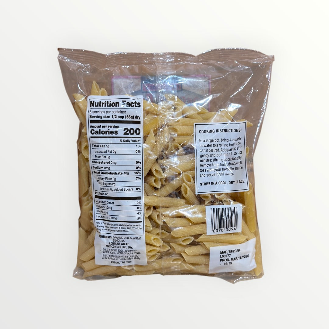 Trader Joe's Imported Italian Organic Penne Rigate Pasta 16-oz Bag - Limit One Per Person