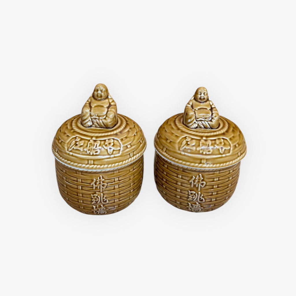 Set of 2 "Buddha Jumps Over The Wall" Glazed Porcelain Soup Containers 5.5"H