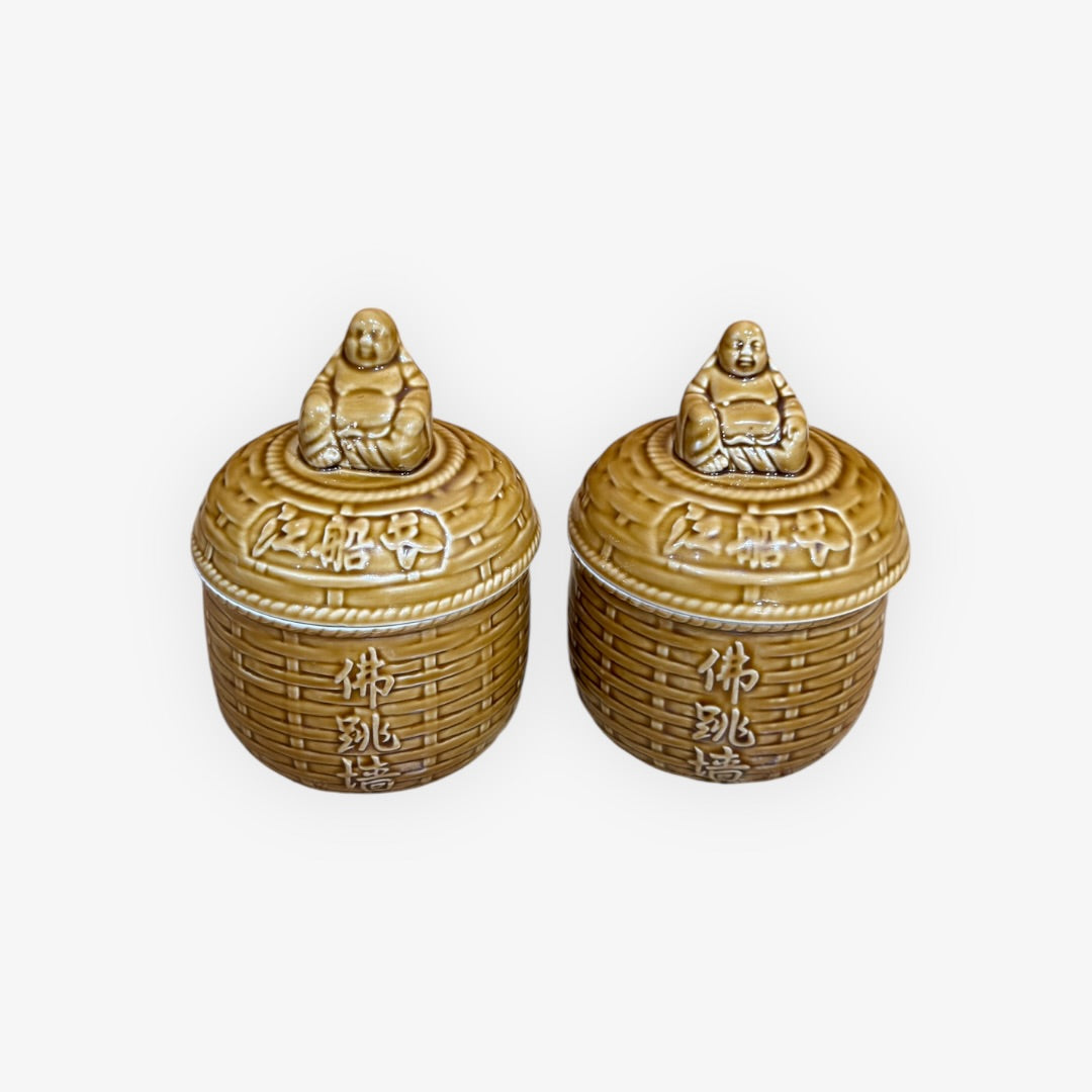 Set of 2 "Buddha Jumps Over The Wall" Glazed Porcelain Soup Containers 5.5"H