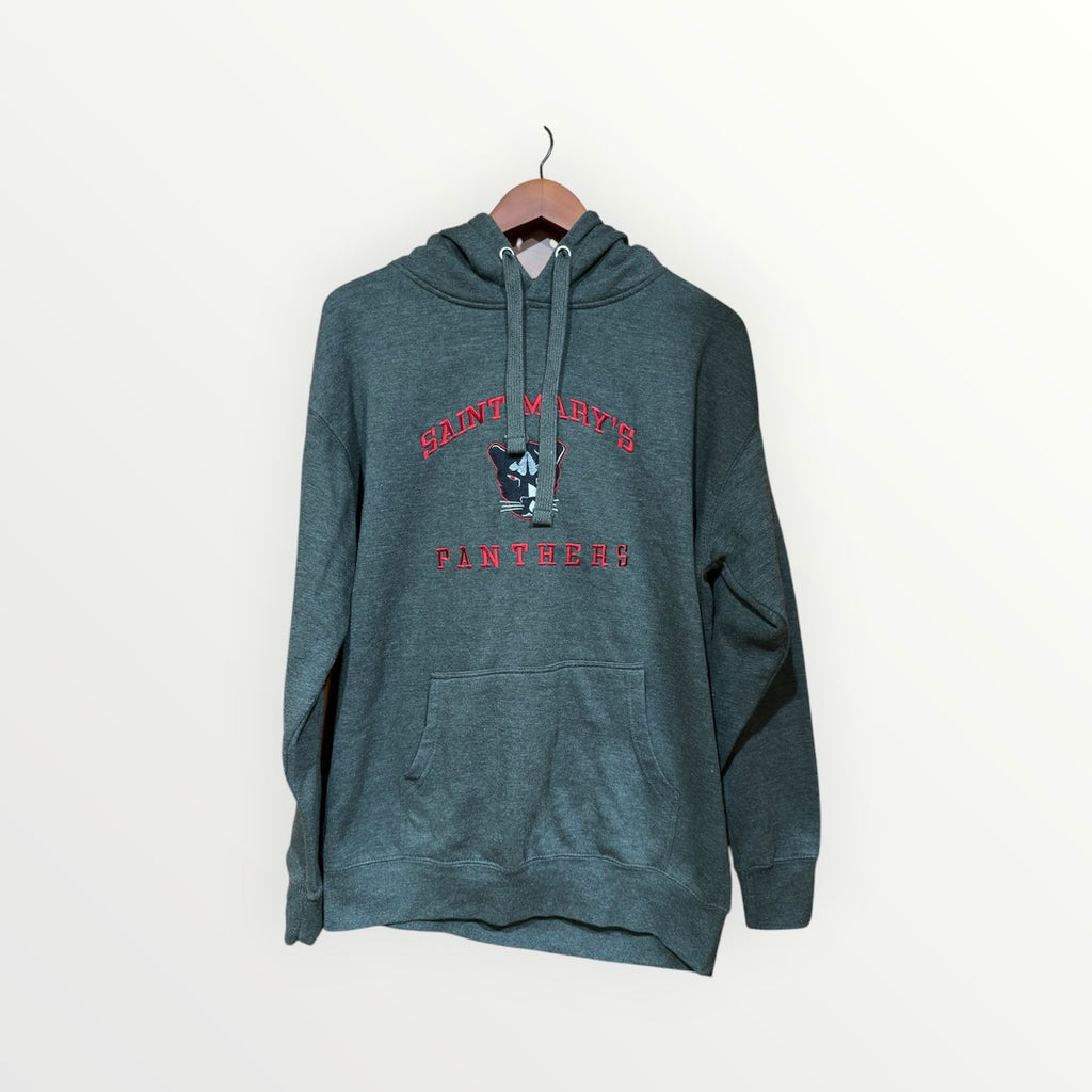 "SAINT MARY'S" Red Embroidered Lettering Fleece Hoodie Sweatshirt Dark Gray Size: L